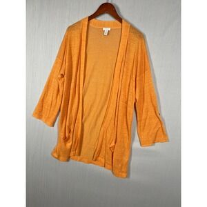 Chico's Linen Blend Cardigan Womens 2 Orange Open Front Roll‎ Tab Sleeve Pockets